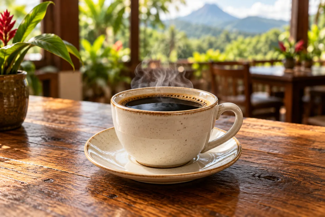 Taza de café negro costarricense sobre una mesa de madera