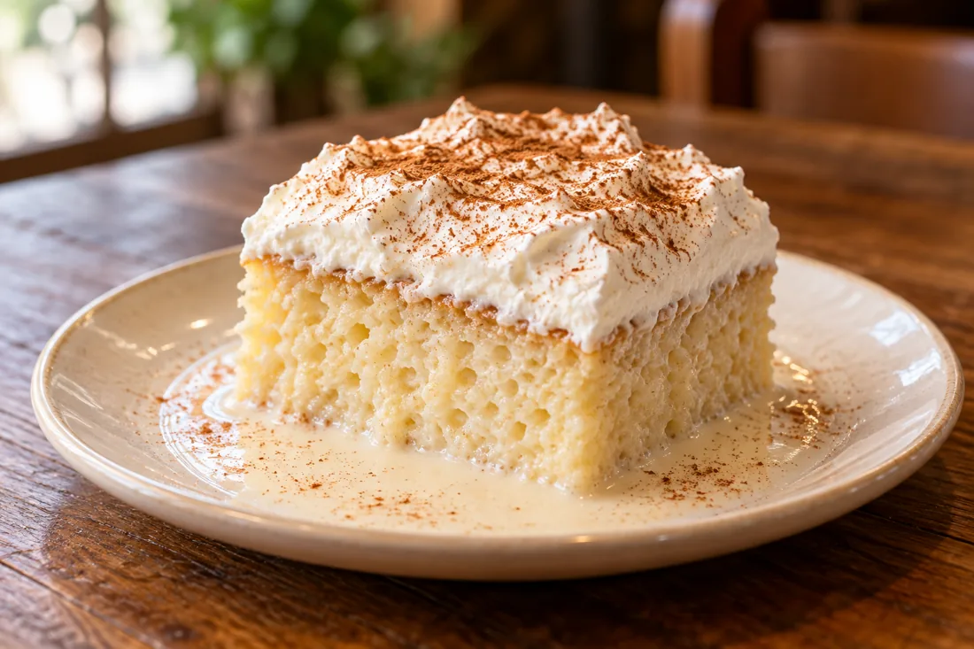 Porción de tres leches con crema y canela