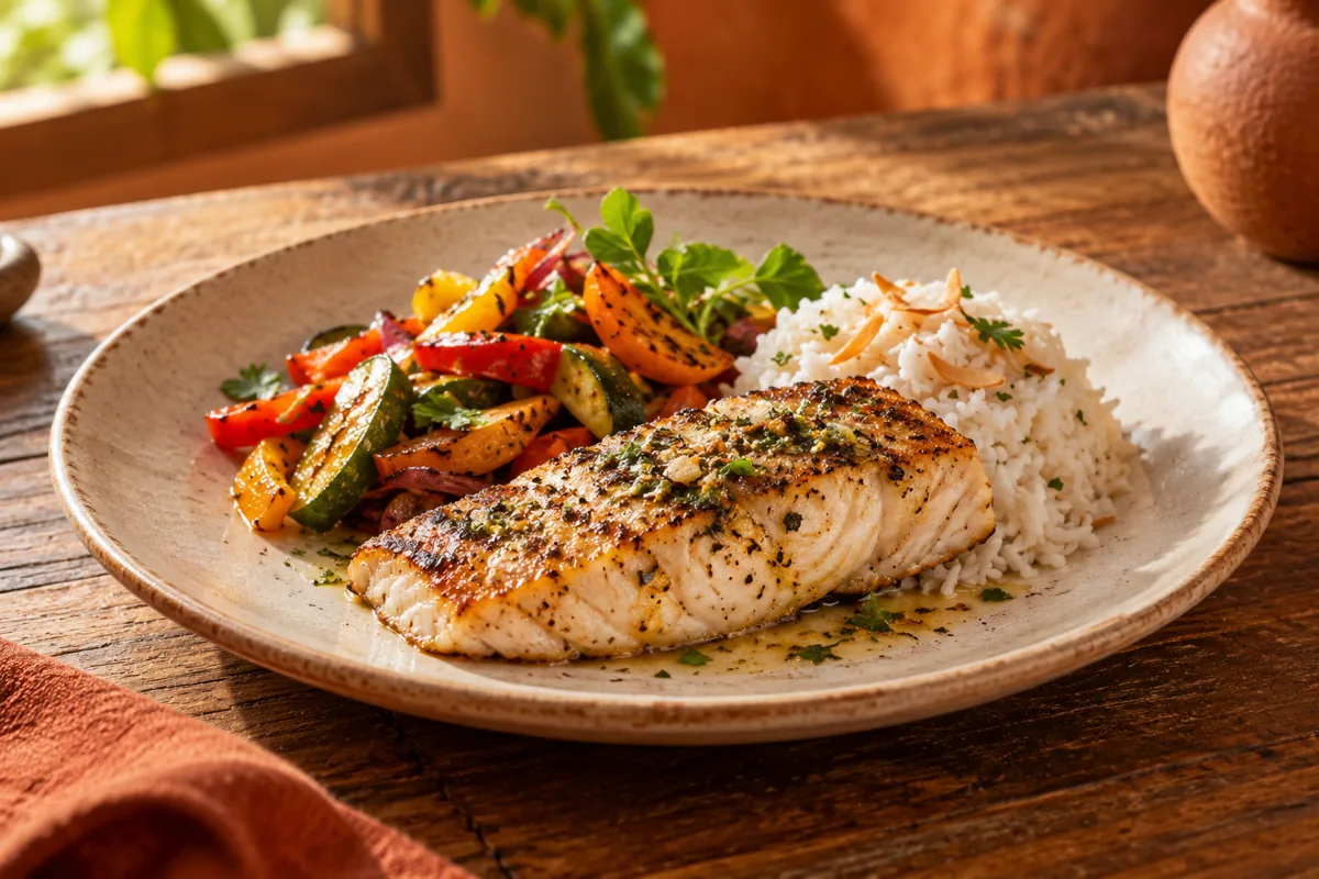 Pescado a la plancha con vegetales y arroz