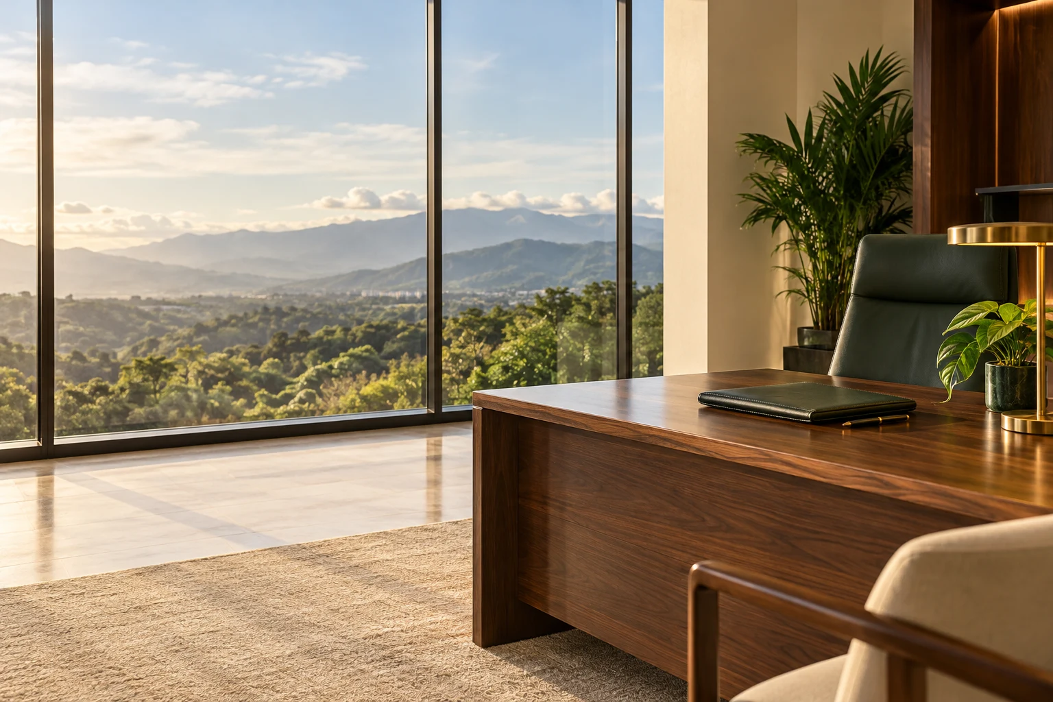 Oficina de firma legal con escritorio de madera y luz natural